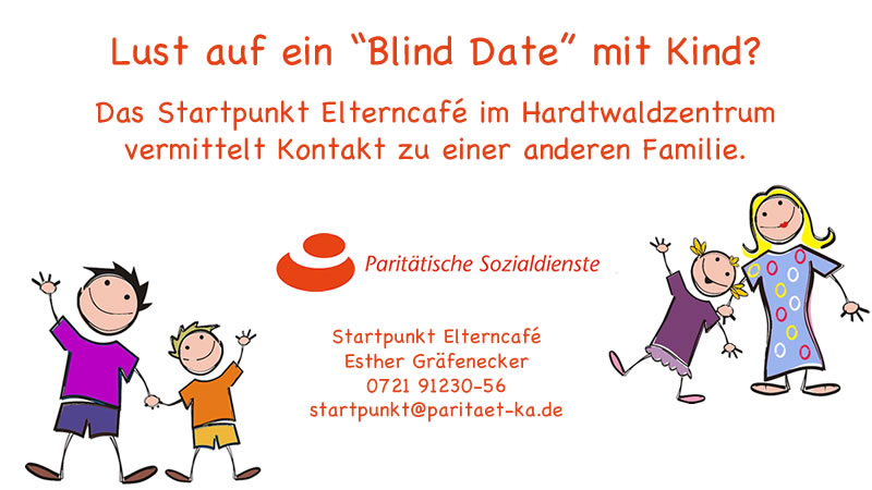 Zeichnung: Zwei Familien. Text: Lust auf ein "Blind Date" mit Kind?